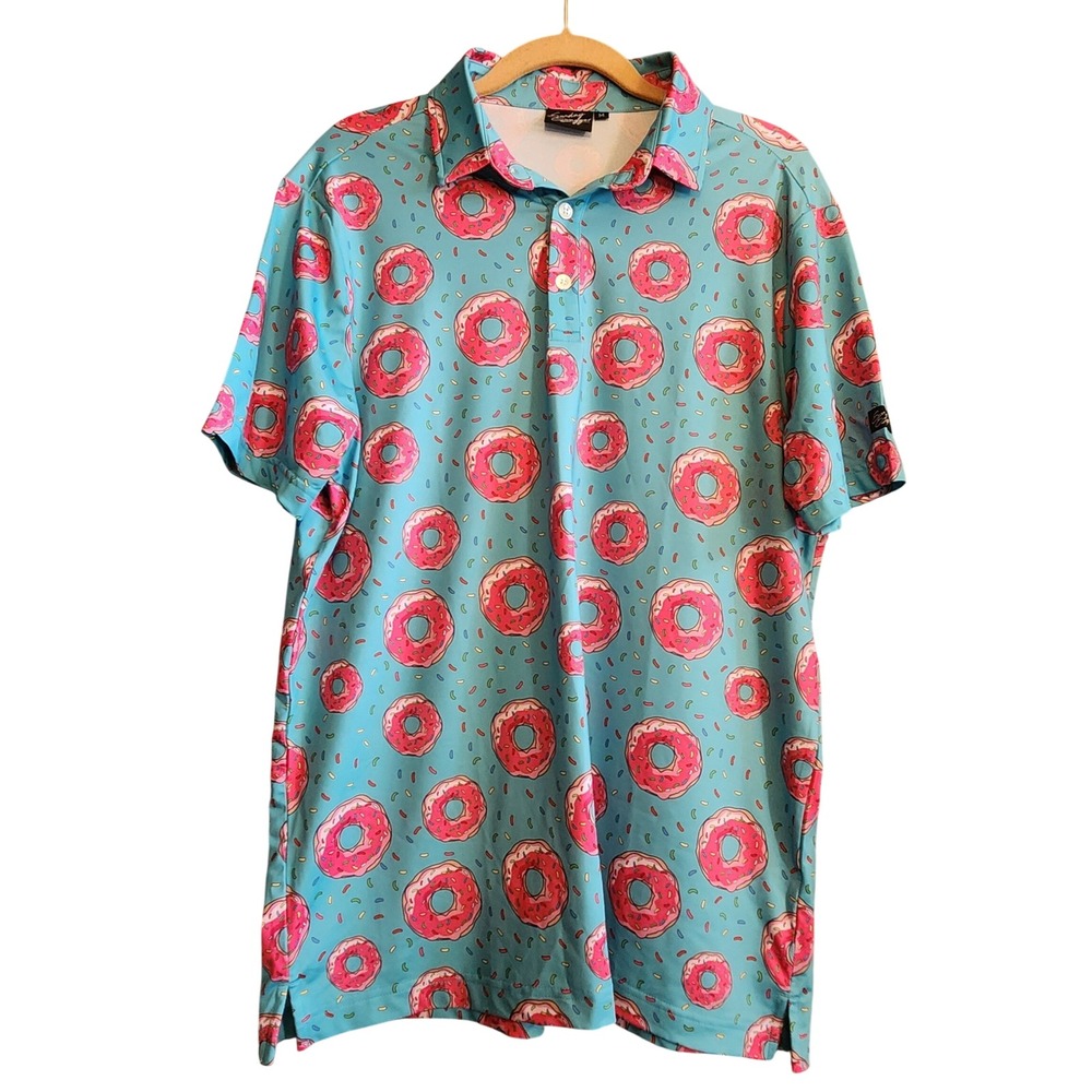 Sunday Swagger Golf Polo Mens Medium Blue Pink Donut Print Excellent Golf Shirt